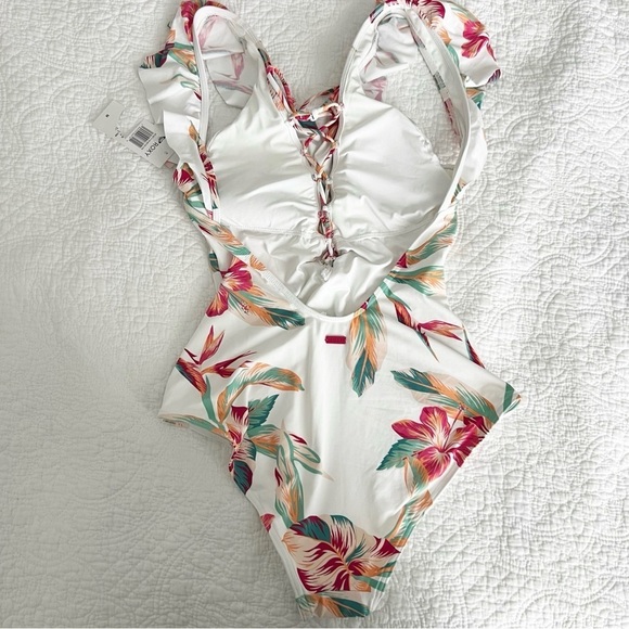 Roxy White Floral Lace Up Front One Piece Swimsuit Size Medium M NWT - Picture 7 of 7